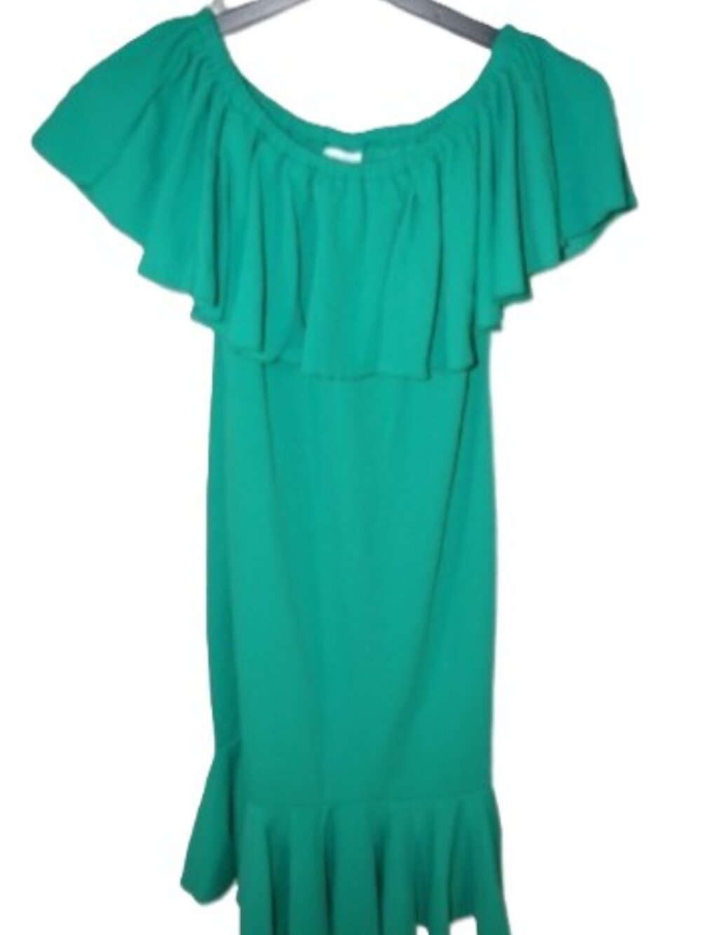 LuLaRoe Cici Mermaid Flounce Dress Medium Ruffles Off Shoulder Solid Green